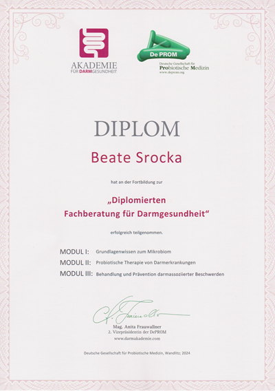 Bei deutschen Akademie für Darmgesundheit habe ich eine Spezialisierung zum Darm und seiner mikrobiellen Gesundheit absolviert.