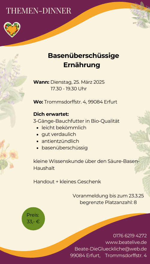 Meine Themen Dinner- und Lunch-Runden werden immer beliebter. Neben dem kleinen Wissensanteil als lockerer Vortrag sind es vor allem meine kreativen Rezepte, die zeigen wie man alltagstauglich, preiswert und lecker gesund kochen kann. Das nächste Dinner gibt es am 25. März.